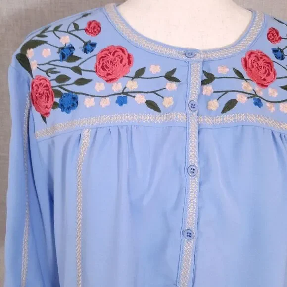 Women's Floral Embroidered Tunic Top Size Small Pleated CottageCore Blue - Picture 4 of 16